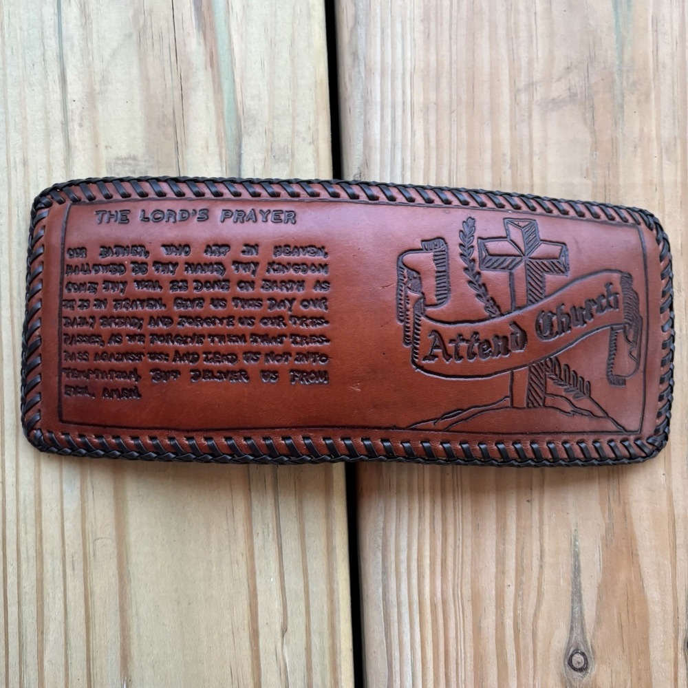 Vintage Bifold Leather Wallet Whipstitch Attend Church Christian Religious USA